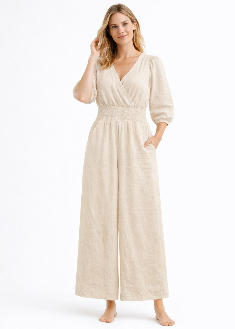 Faux-Wrap Wide-Leg Linen Jumpsuit in Linen in Natural — on model