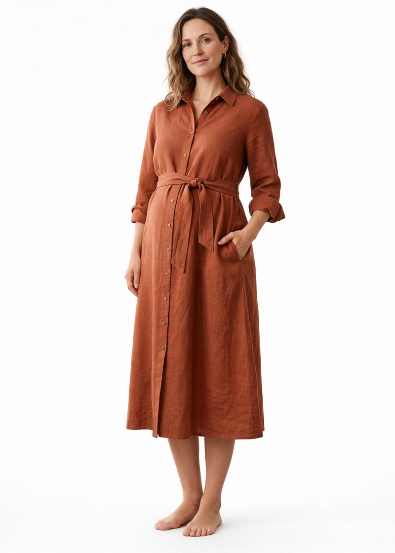 Button-Front Belted Nursing Linen Midi Shirtdress in Linen in Rust — on model
