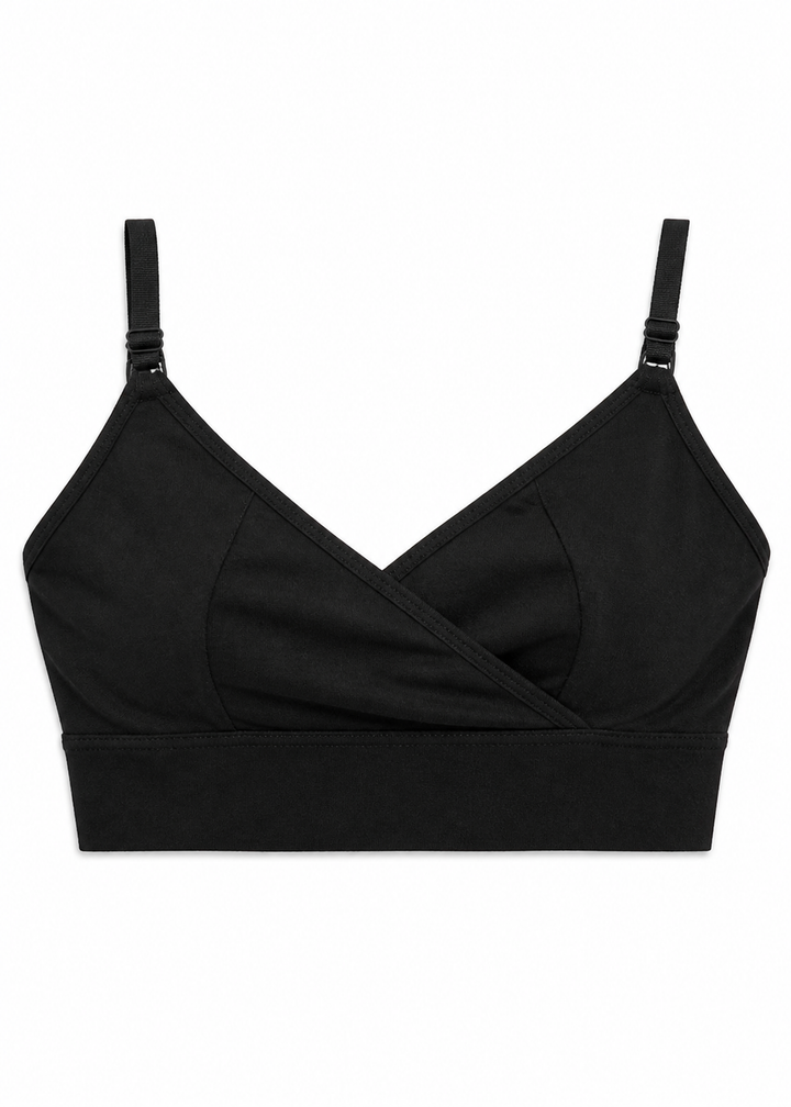 Crossover Nursing Bra in Linen in Black — flat lay