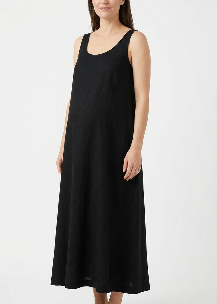 Sleeveless Organic Linen Maxi Dress in Linen in Black — on model