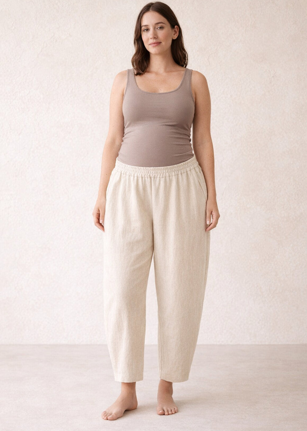 Linen Barrel Maternity Trouser in Natural — on model