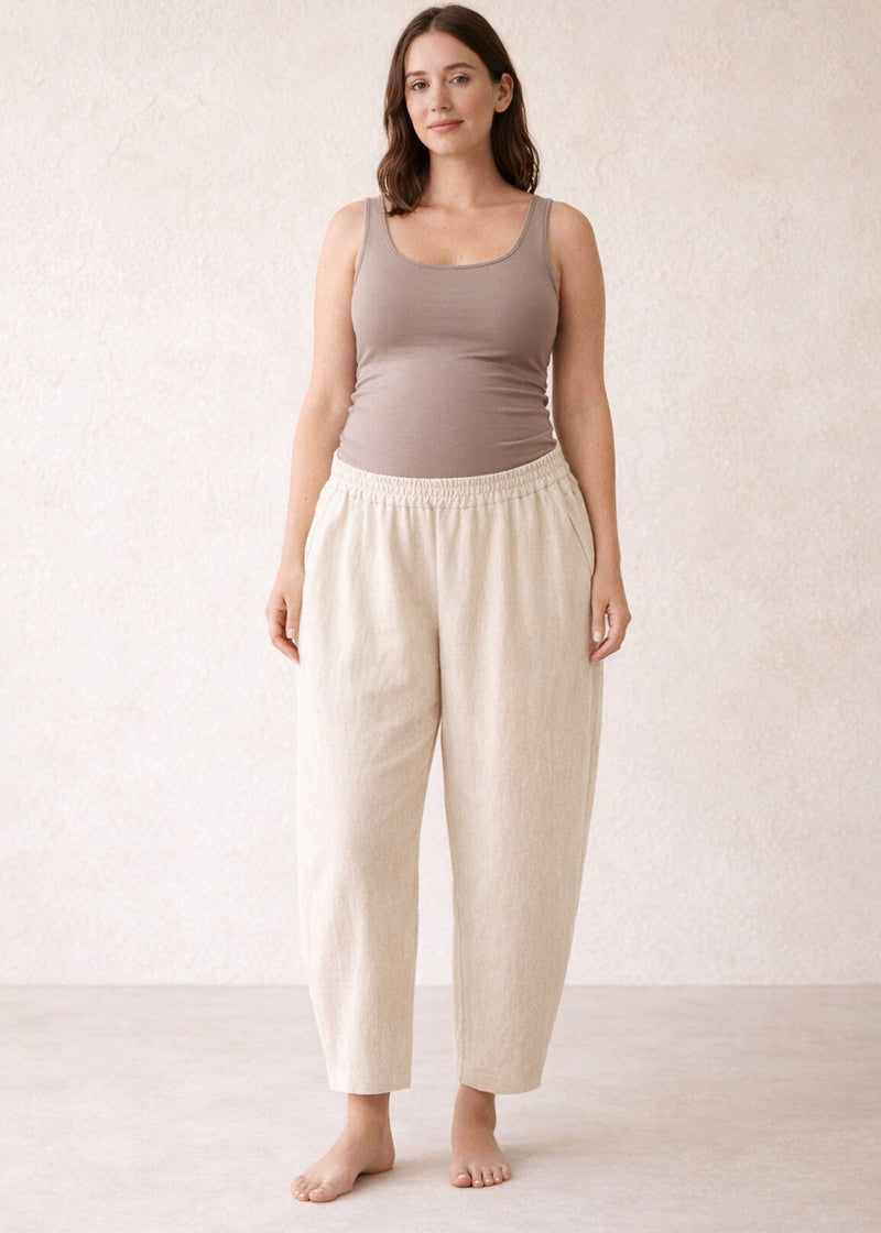Linen Barrel Maternity Trouser in Natural — on model
