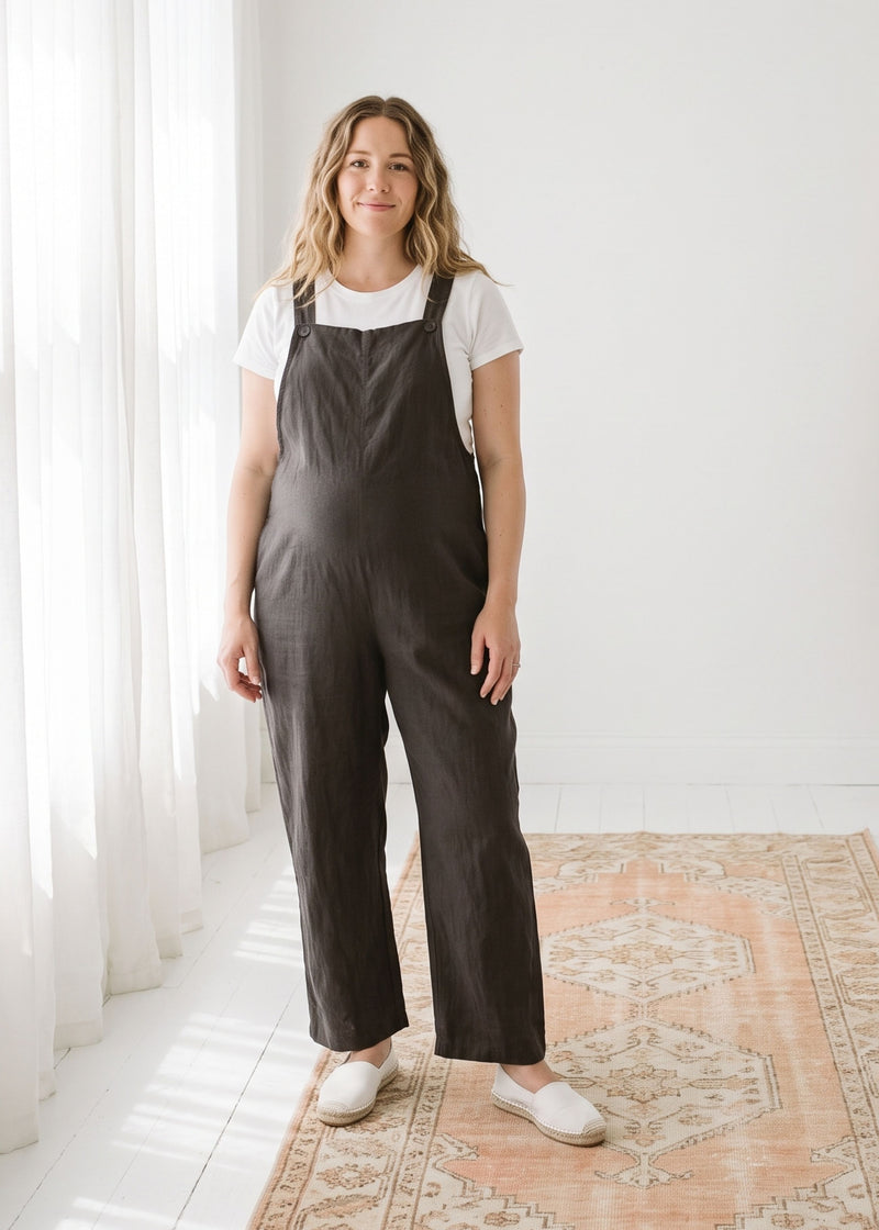 Linen Overall Jumpsuit in Linen in Black — on model