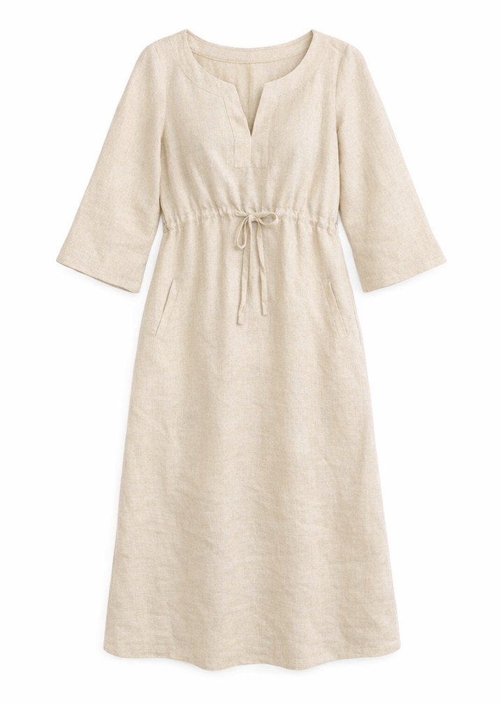 Gathered Empire-Waist Linen Midi Dress in Linen in Natural — flat lay