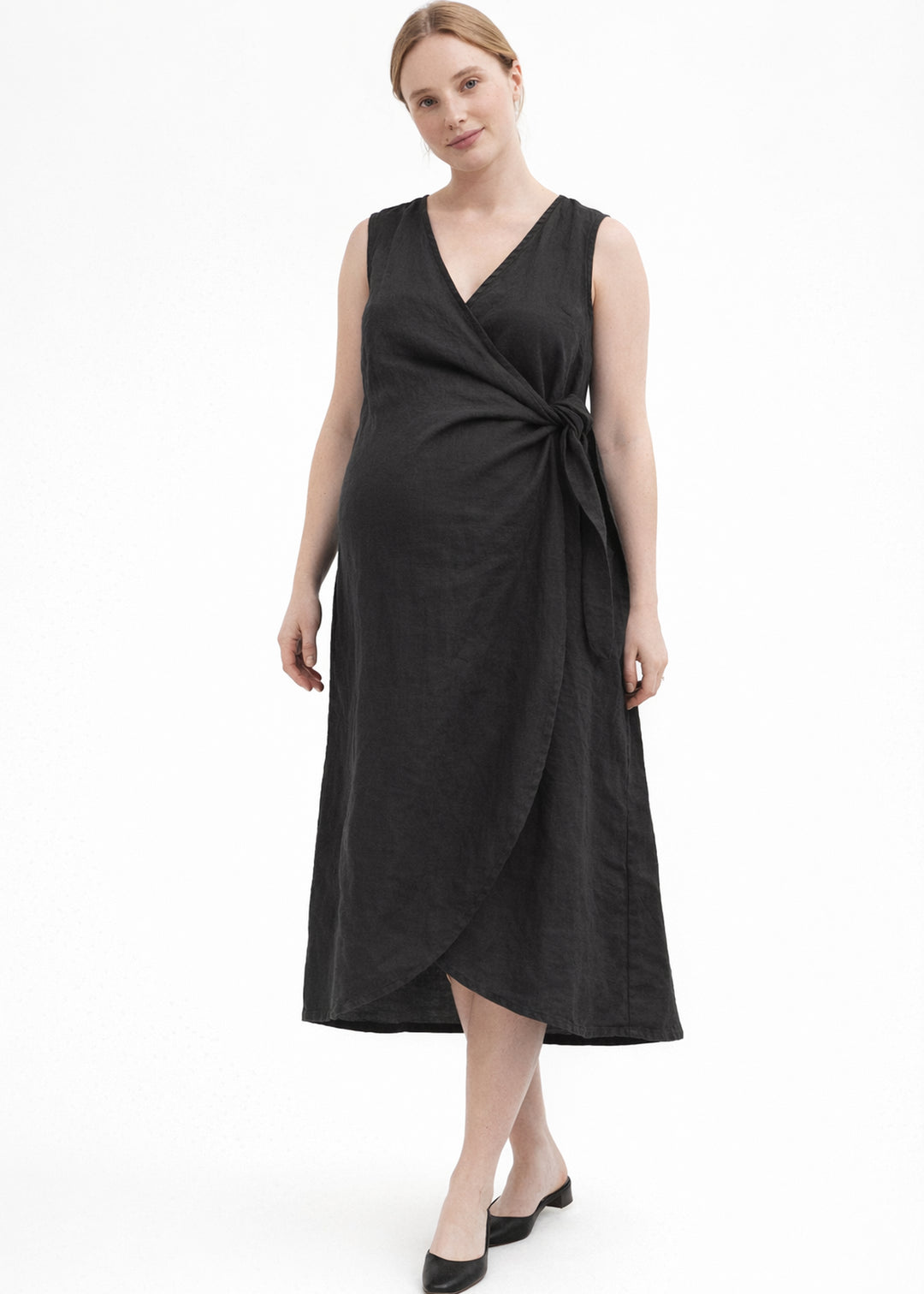 Sleeveless Ruched-Side Linen Wrap Dress in Black — on model