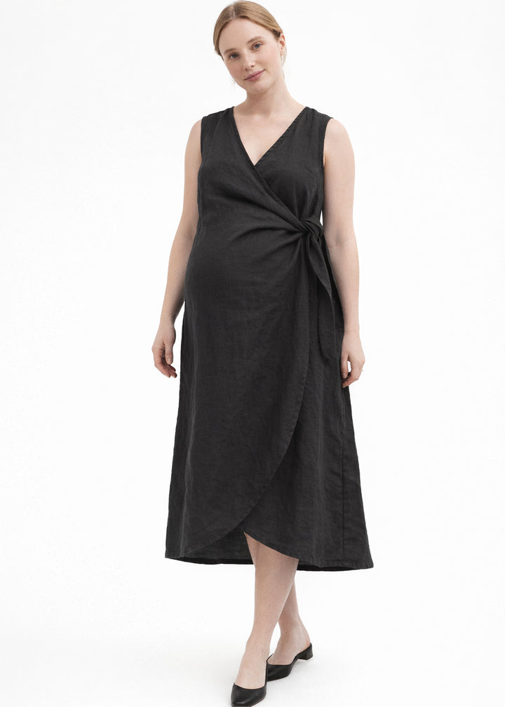 Sleeveless Ruched-Side Linen Wrap Dress in Black — on model