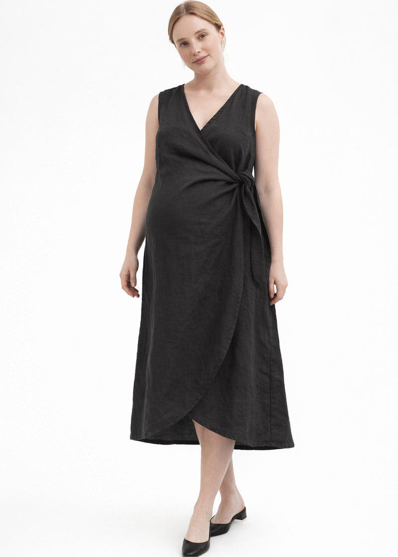 Sleeveless Ruched-Side Linen Wrap Dress in Black — on model