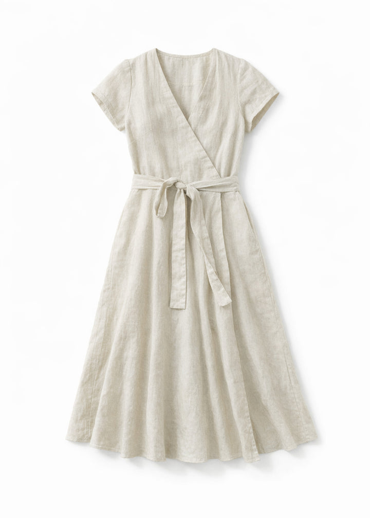 Cap-Sleeve Wrap Linen Midi Dress in Linen - 06