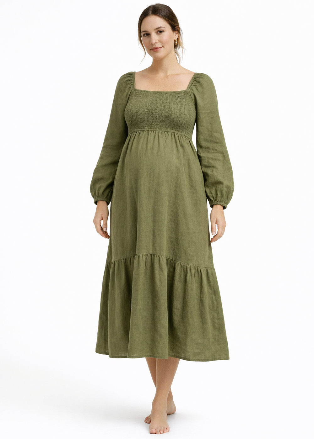 Long-Sleeve Smocked-Bodice Linen Midi Dress in Linen in Olive — on model