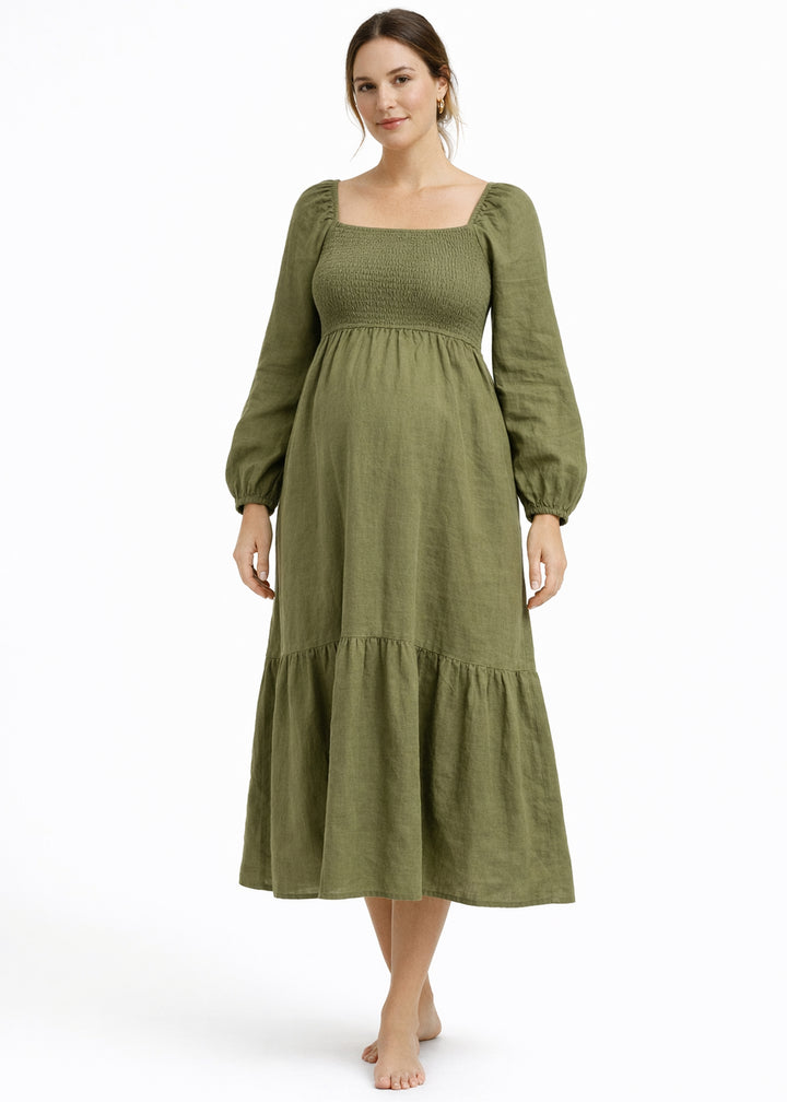 Long-Sleeve Smocked-Bodice Linen Midi Dress in Linen in Olive — on model