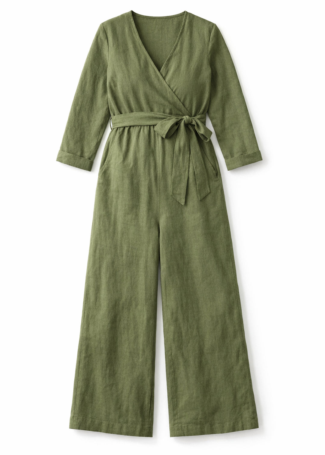 Wrap-Front Wide-Leg Nursing Linen Jumpsuit in Linen in Olive — flat lay