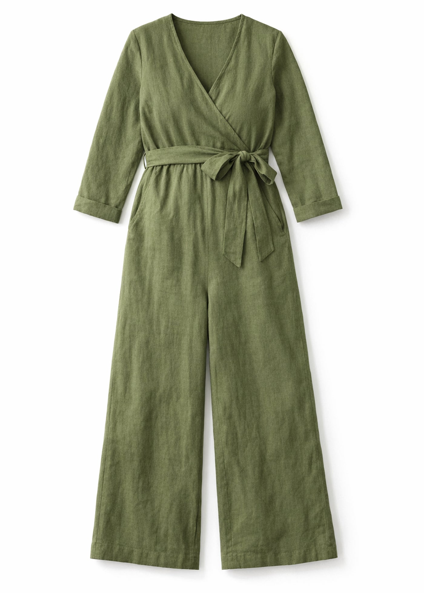 Wrap-Front Wide-Leg Nursing Linen Jumpsuit in Linen in Olive — flat lay