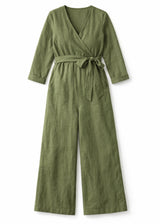 Wrap-Front Wide-Leg Nursing Linen Jumpsuit in Linen in Olive — flat lay