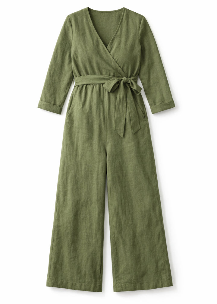 Wrap-Front Wide-Leg Nursing Linen Jumpsuit in Linen in Olive — flat lay