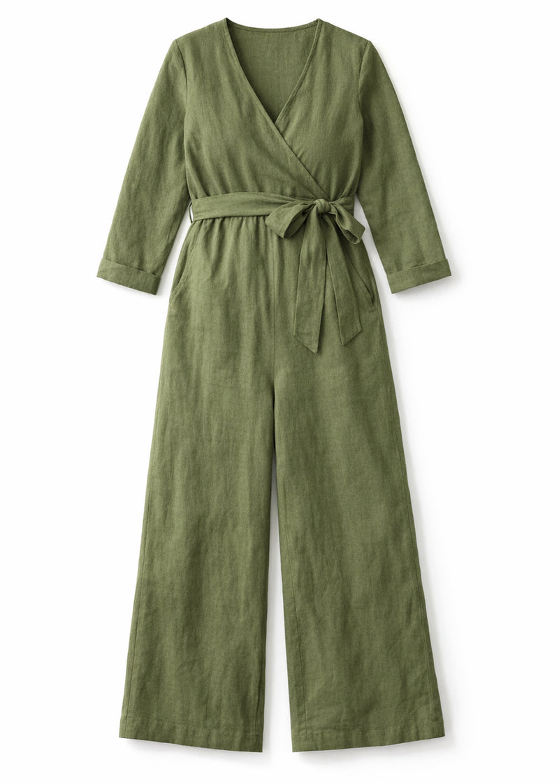 Wrap-Front Wide-Leg Nursing Linen Jumpsuit in Linen in Olive — flat lay