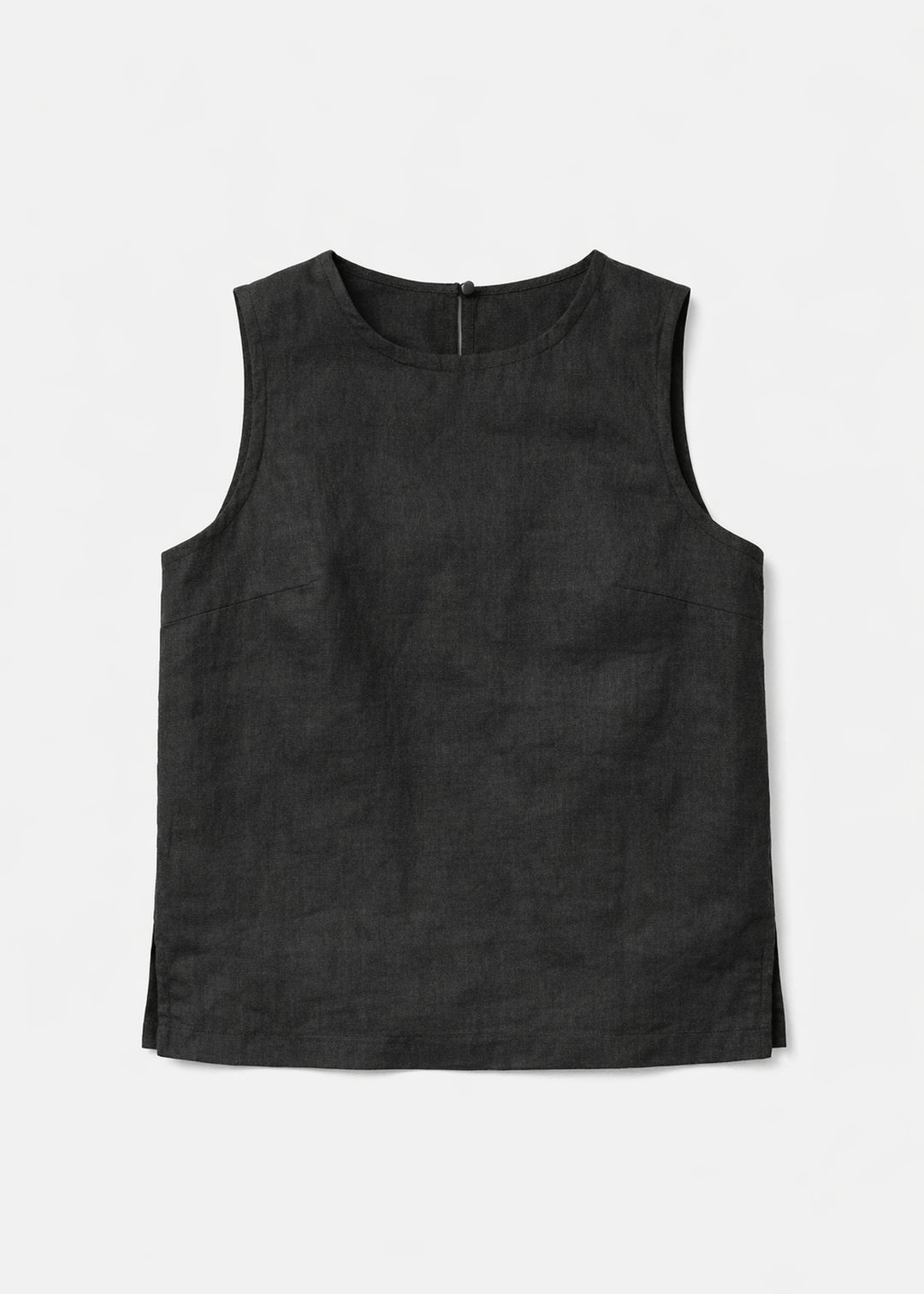 High-Neck Sleeveless Darted Linen Top in Linen in Black — flat lay