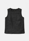 High-Neck Sleeveless Darted Linen Top in Linen in Black — flat lay