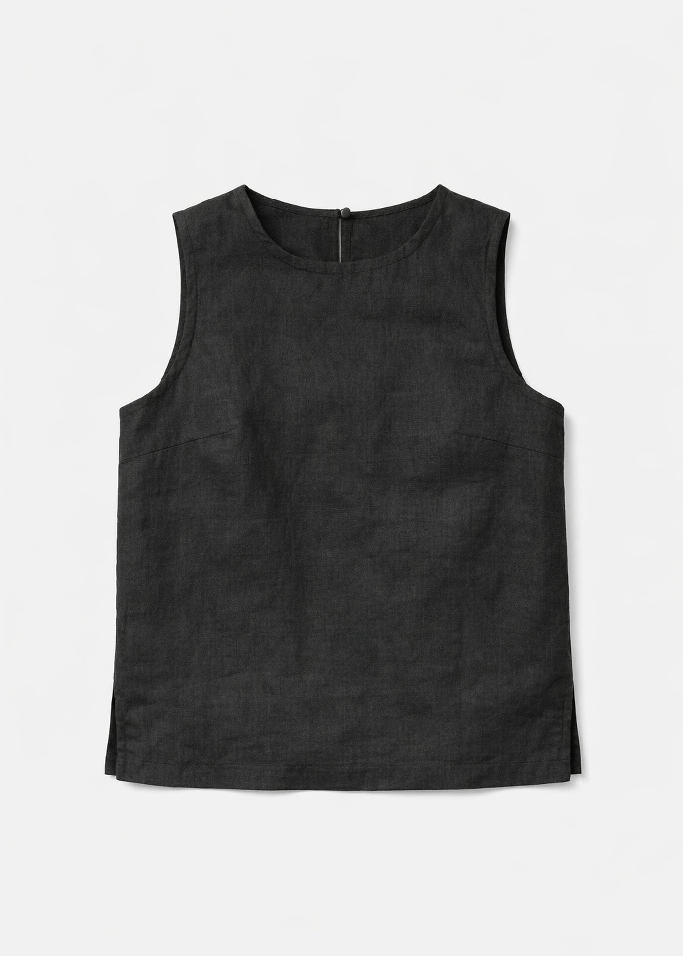 High-Neck Sleeveless Darted Linen Top in Linen in Black — flat lay