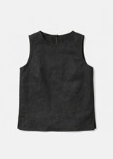 High-Neck Sleeveless Darted Linen Top in Linen in Black — flat lay