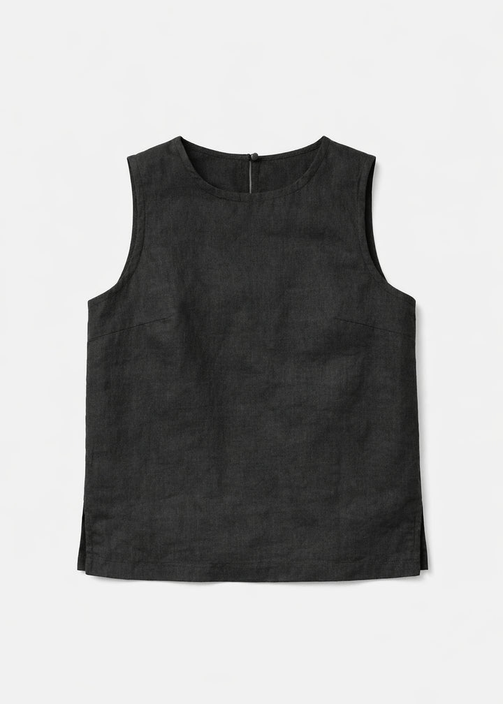High-Neck Sleeveless Darted Linen Top in Linen in Black — flat lay