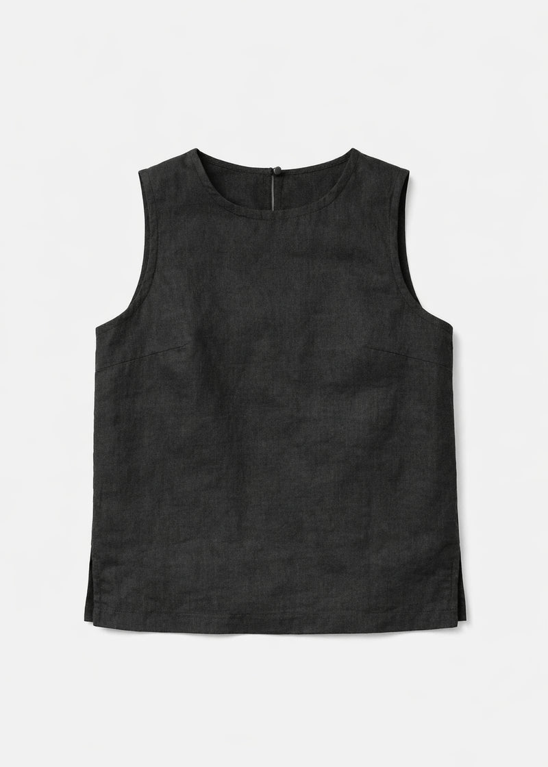 High-Neck Sleeveless Darted Linen Top in Linen in Black — flat lay