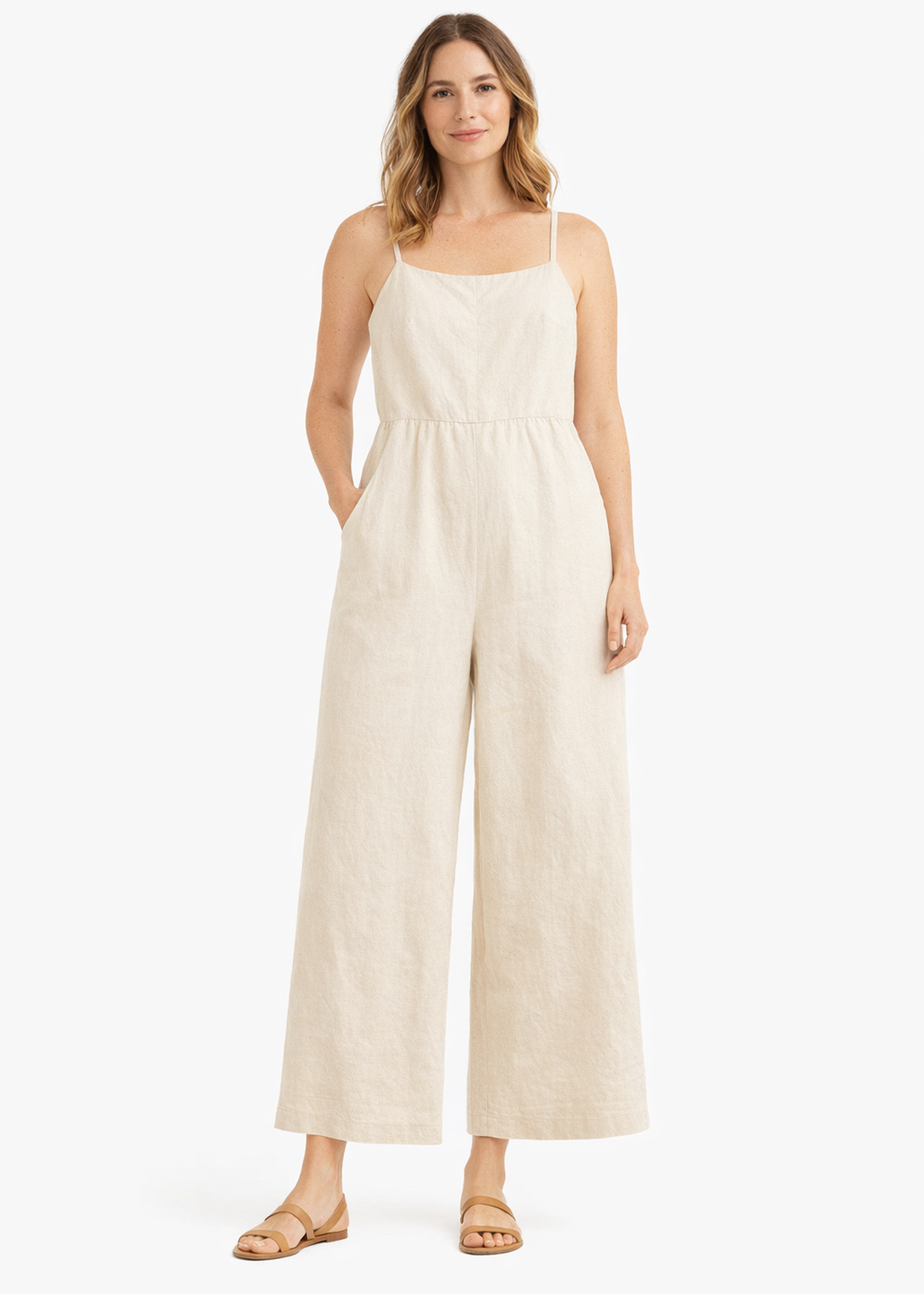 Tie-Strap Wide-Leg Linen Jumpsuit in Linen in Natural — on model