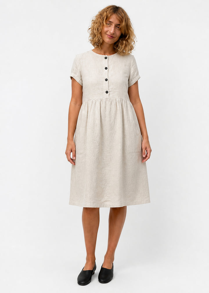 Striped Linen Button-Front Midi Dress in Linen in Natural — on model