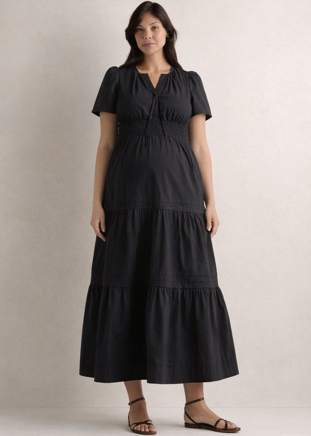 Organic Cotton Poplin Maternity Maxi Dress in Black — on model