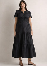 Organic Cotton Poplin Maternity Maxi Dress in Black — on model