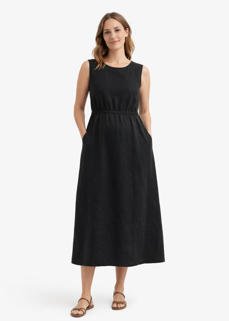 Sleeveless Gathered-Waist Linen Midi Dress in Linen in Black — on model