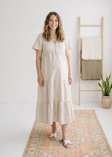 Flutter-Sleeve Tiered Linen Maxi Dress in Linen in Natural — on model