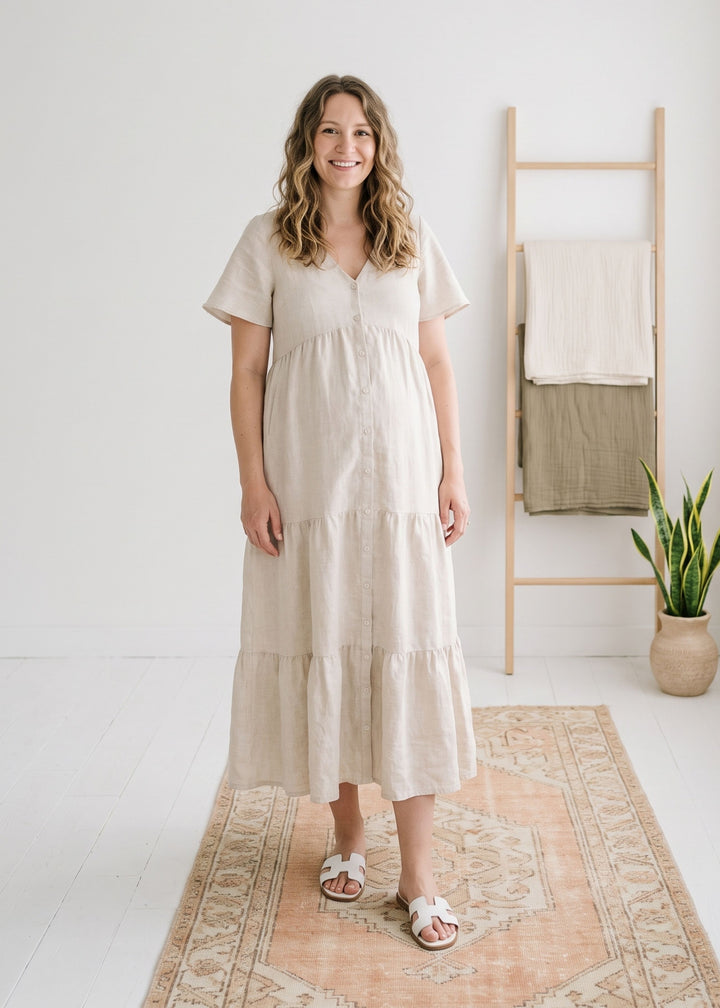 Flutter-Sleeve Tiered Linen Maxi Dress in Linen in Natural — on model
