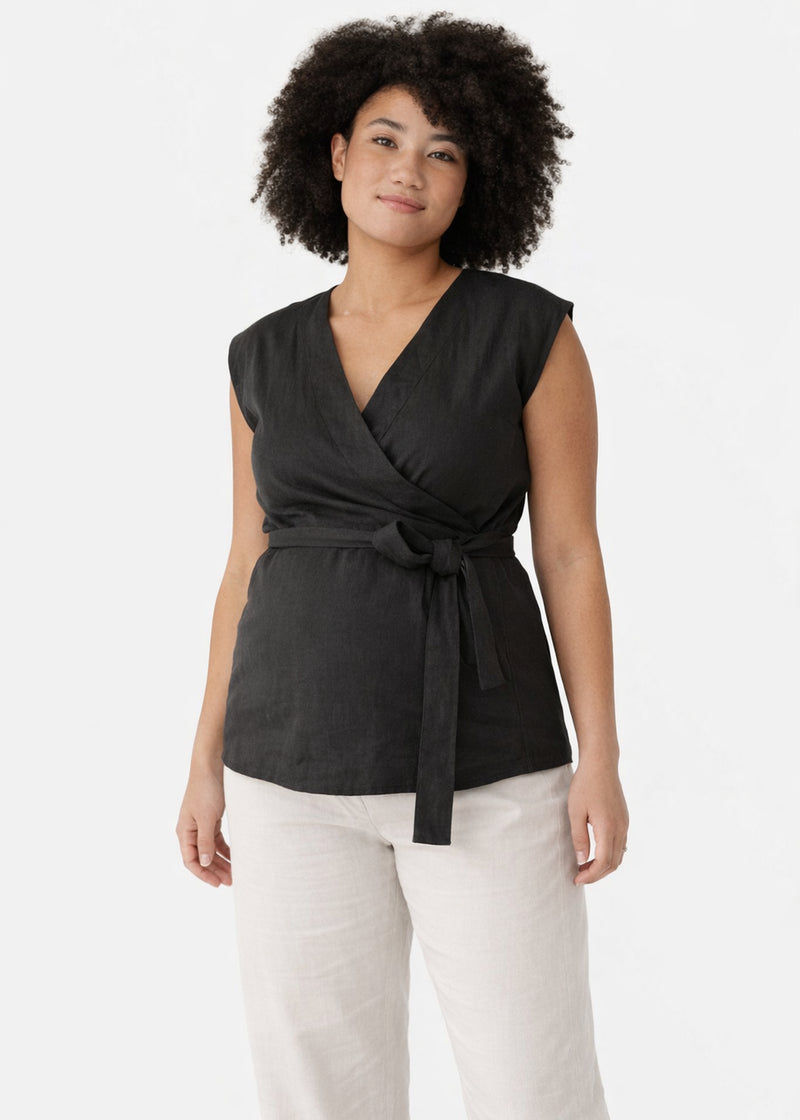Cropped Drop-Shoulder Linen Wrap Top in Black — on model