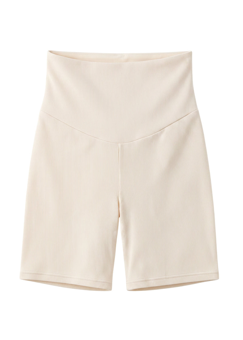 Cotton-cashmere over-bump maternity knit shorts in Heather Oatmeal — flat lay