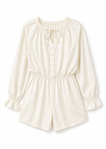 Gathered-Neck Button-Front Sleep Romper in Natural - flat lay
