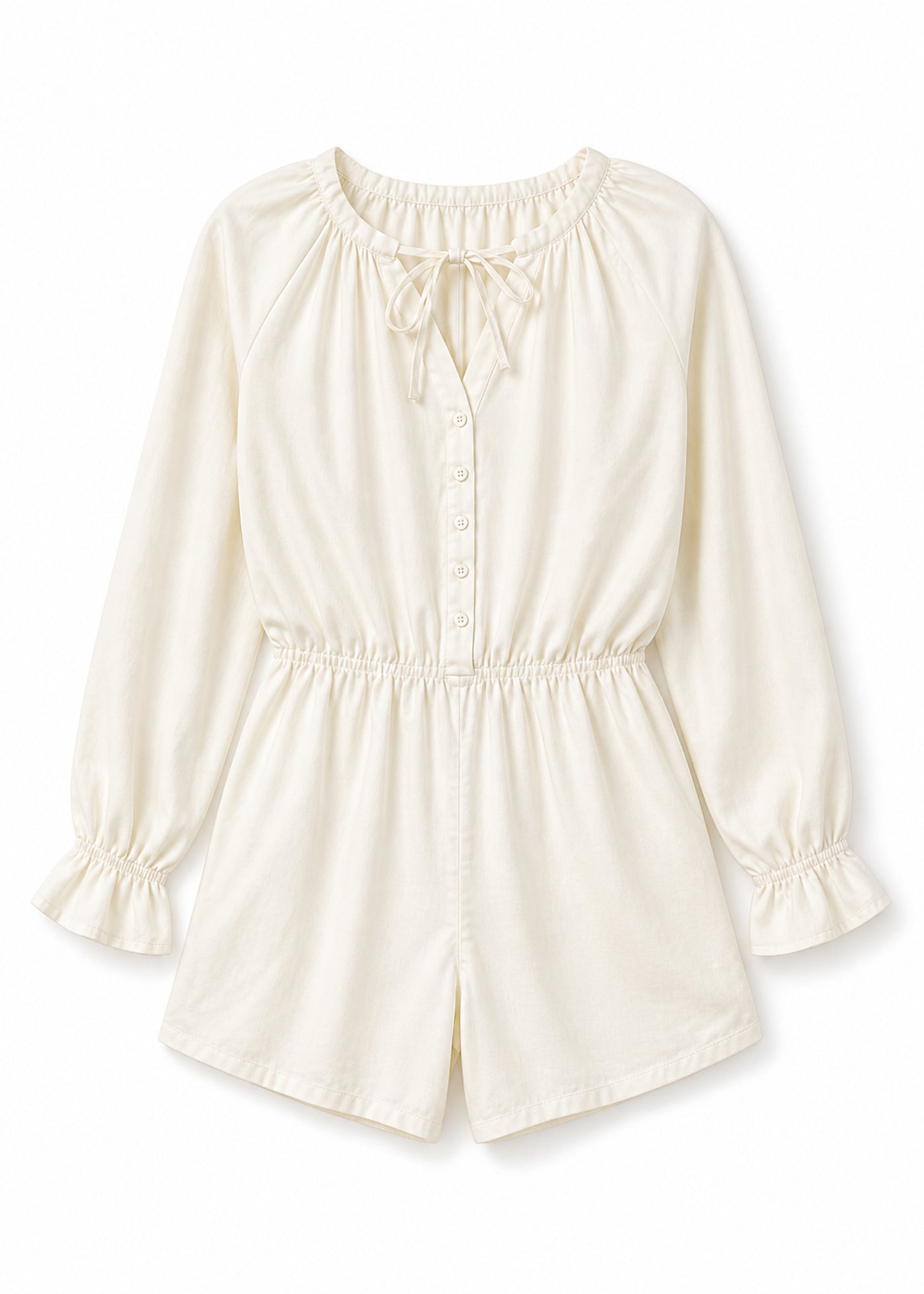 Gathered-Neck Button-Front Sleep Romper in Natural - flat lay