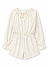 Gathered-Neck Button-Front Sleep Romper in Natural - flat lay