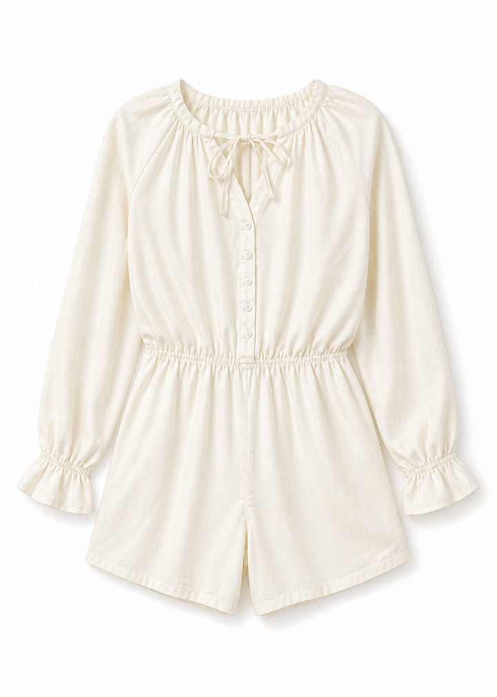 Gathered-Neck Button-Front Sleep Romper in Natural - flat lay