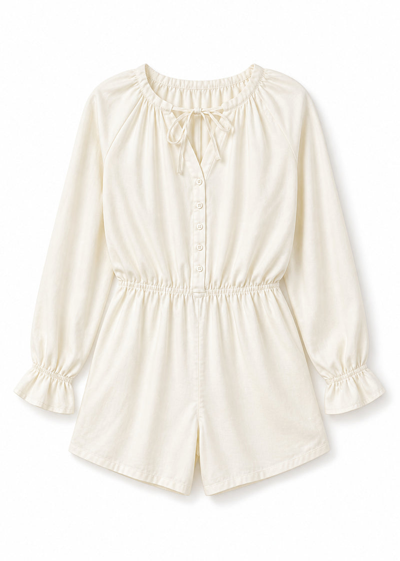 Gathered-Neck Button-Front Sleep Romper in Natural - flat lay