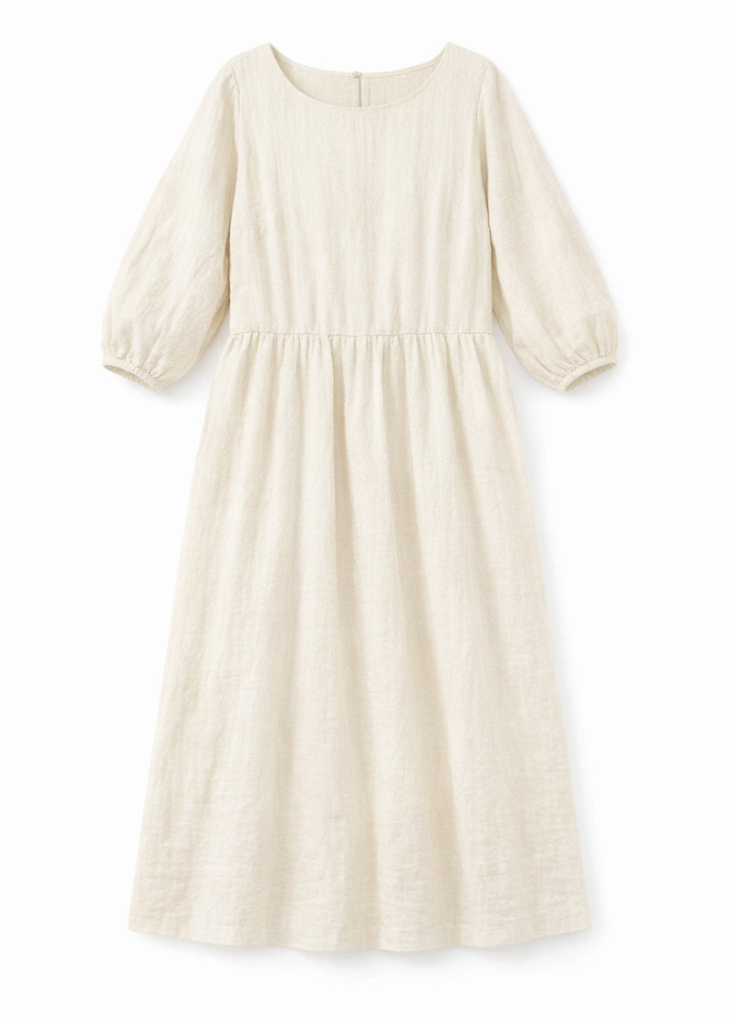 Gathered-Waist Seersucker Midi Dress in Natural — flat lay