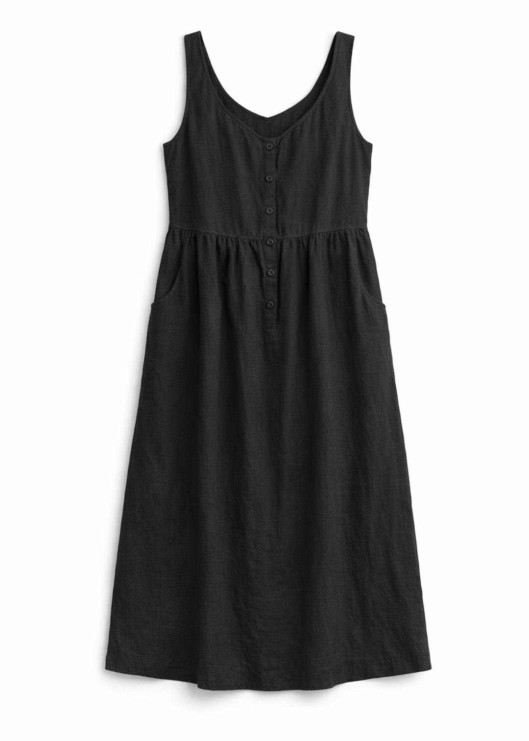 Cap-Sleeve Tiered Linen Maternity Maxi Dress in Linen in Black — flat lay