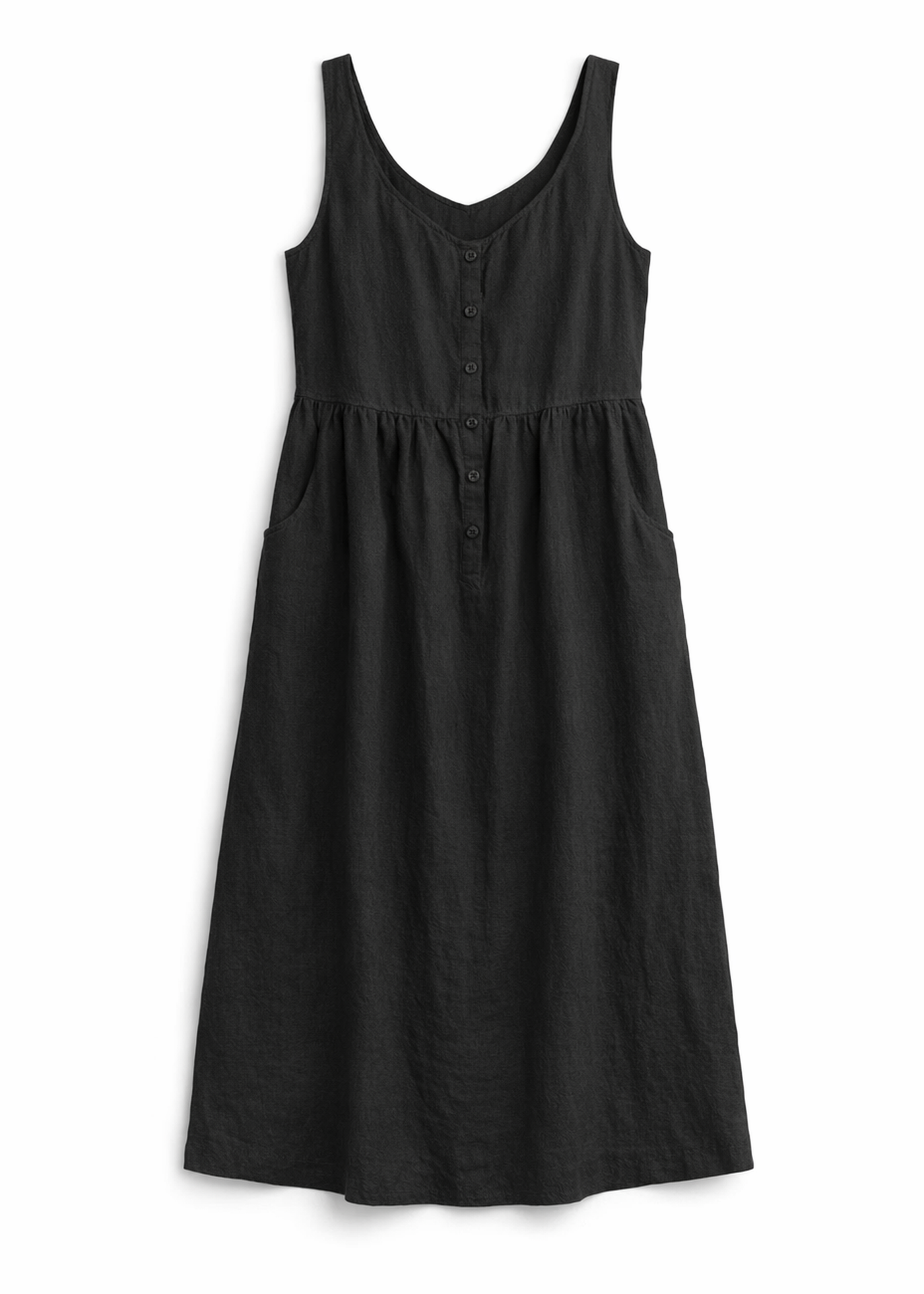 Cap-Sleeve Tiered Linen Maternity Maxi Dress in Linen in Black — flat lay