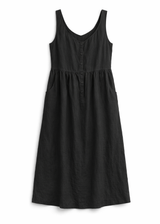 Cap-Sleeve Tiered Linen Maternity Maxi Dress in Linen in Black — flat lay