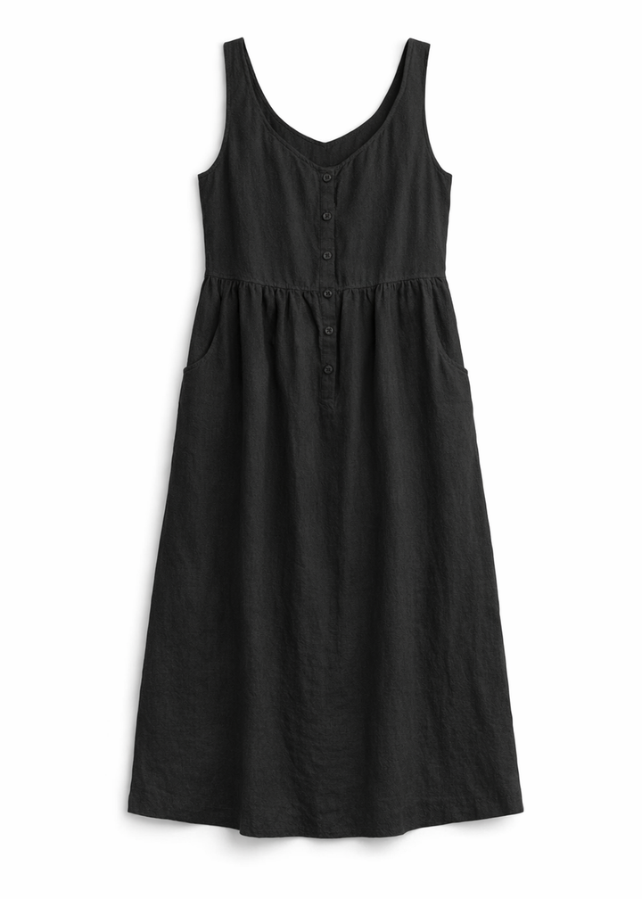 Cap-Sleeve Tiered Linen Maternity Maxi Dress in Linen in Black — flat lay