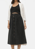 Brass-Snap Gathered A-Line Linen Midi Skirt in Linen in Black — on model