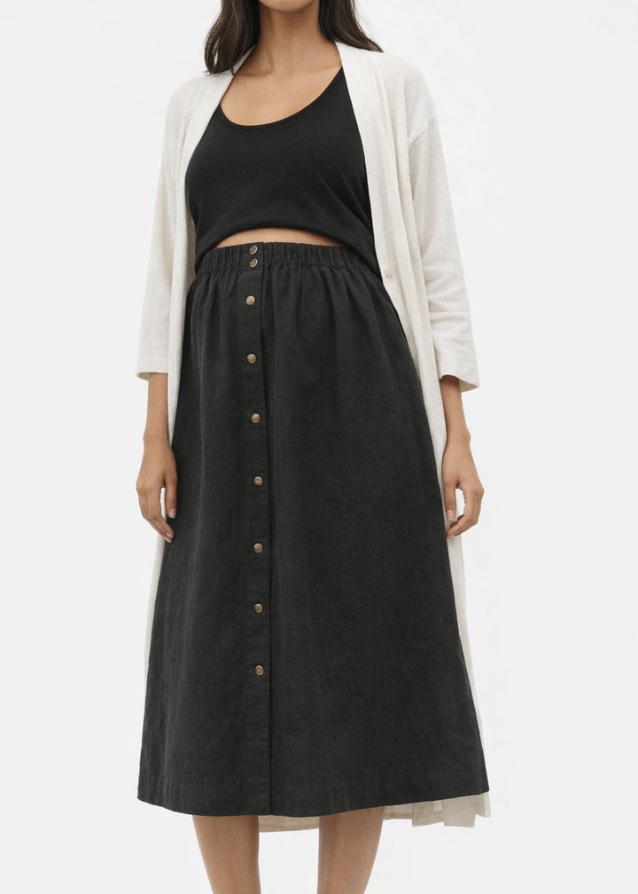 Brass-Snap Gathered A-Line Linen Midi Skirt in Linen in Black — on model