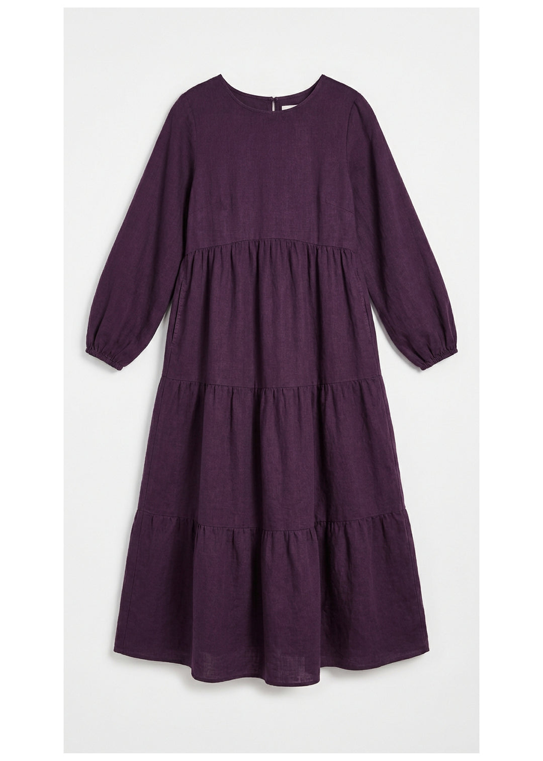 Tiered Empire-Seam Linen Maxi Dress in Eggplant - flat lay