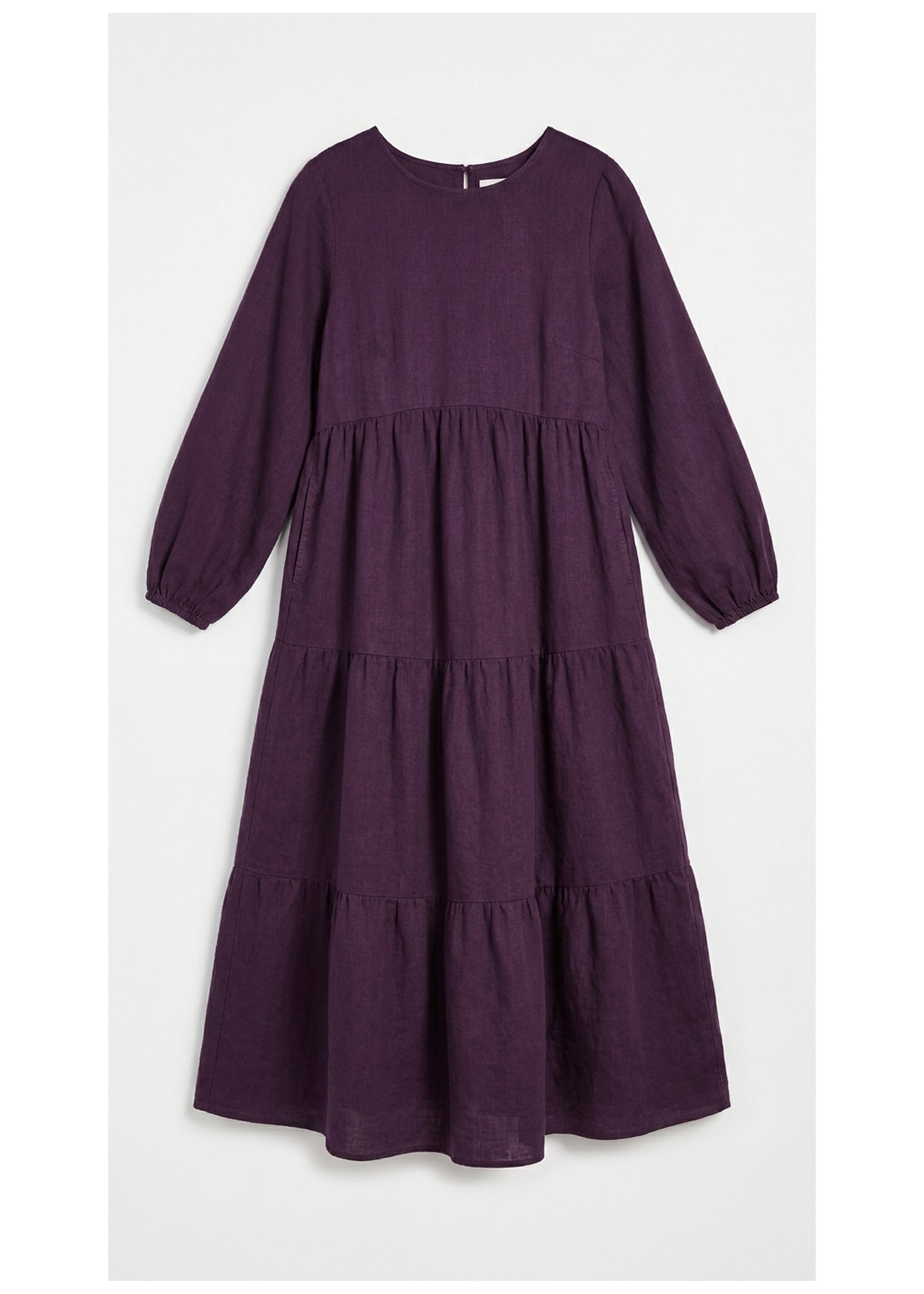 Tiered Empire-Seam Linen Maxi Dress in Eggplant - flat lay