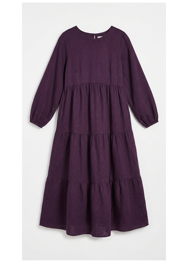 Tiered Empire-Seam Linen Maxi Dress in Eggplant - flat lay