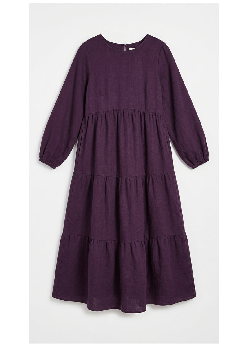 Tiered Empire-Seam Linen Maxi Dress in Eggplant - flat lay